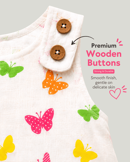 Todlerry Baby Girl White Butterfly Print Cotton A-Line Dress with Shoulder Buttons