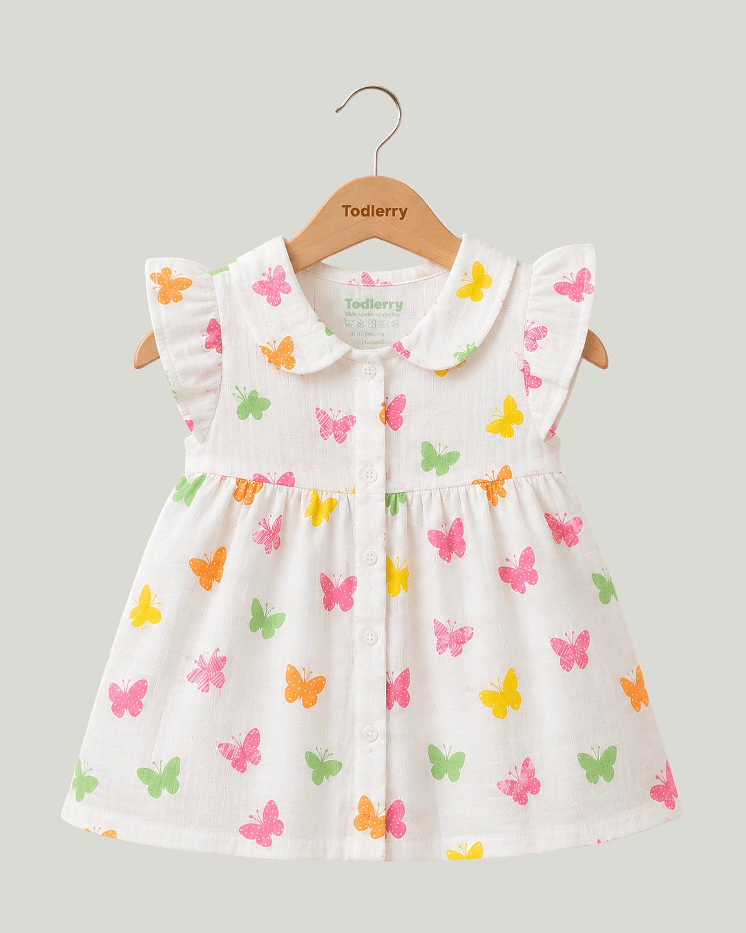 Todlerry Baby Girl White Butterfly Print Cotton Collar Frock with Flutter Sleeves
