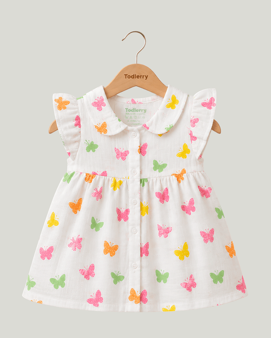 Todlerry Baby Girl White Butterfly Print Cotton Collar Frock with Flutter Sleeves