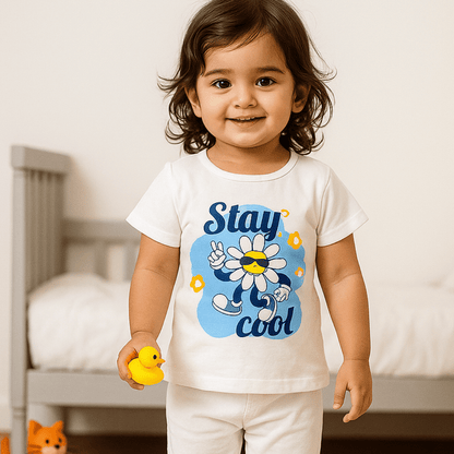 Todlerry Girls Cotton T-Shirt | White Stay Cool Print | Soft & Breathable | 100% Cotton