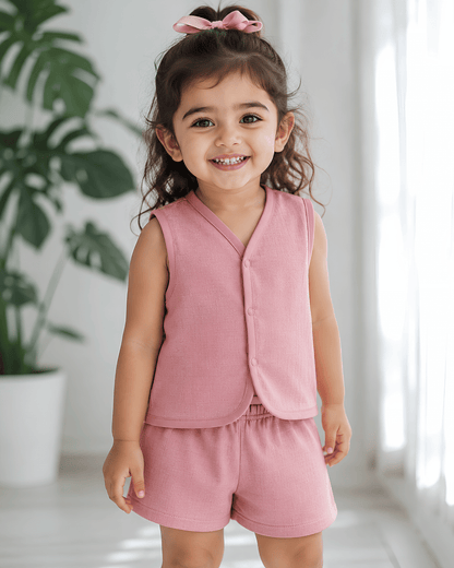 Soft Cotton Pink Colour Baby Jhabla & Shorts Set