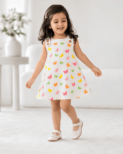 Todlerry Baby Girl White Butterfly Print Cotton A-Line Dress with Shoulder Buttons