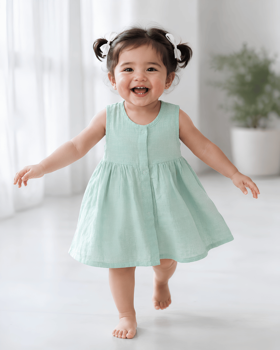 Premium Mint Muslin Sleeveless Frock – 100% Organic Cotton Baby Dress