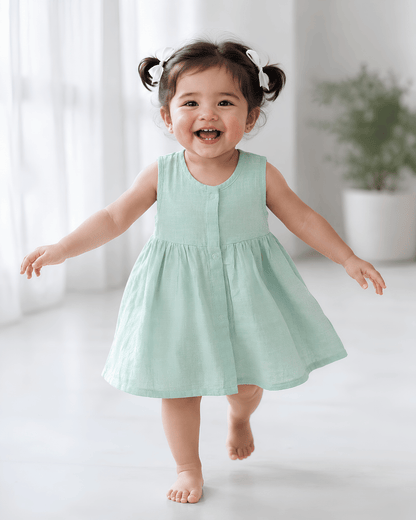 Premium Mint Muslin Sleeveless Frock – 100% Organic Cotton Baby Dress