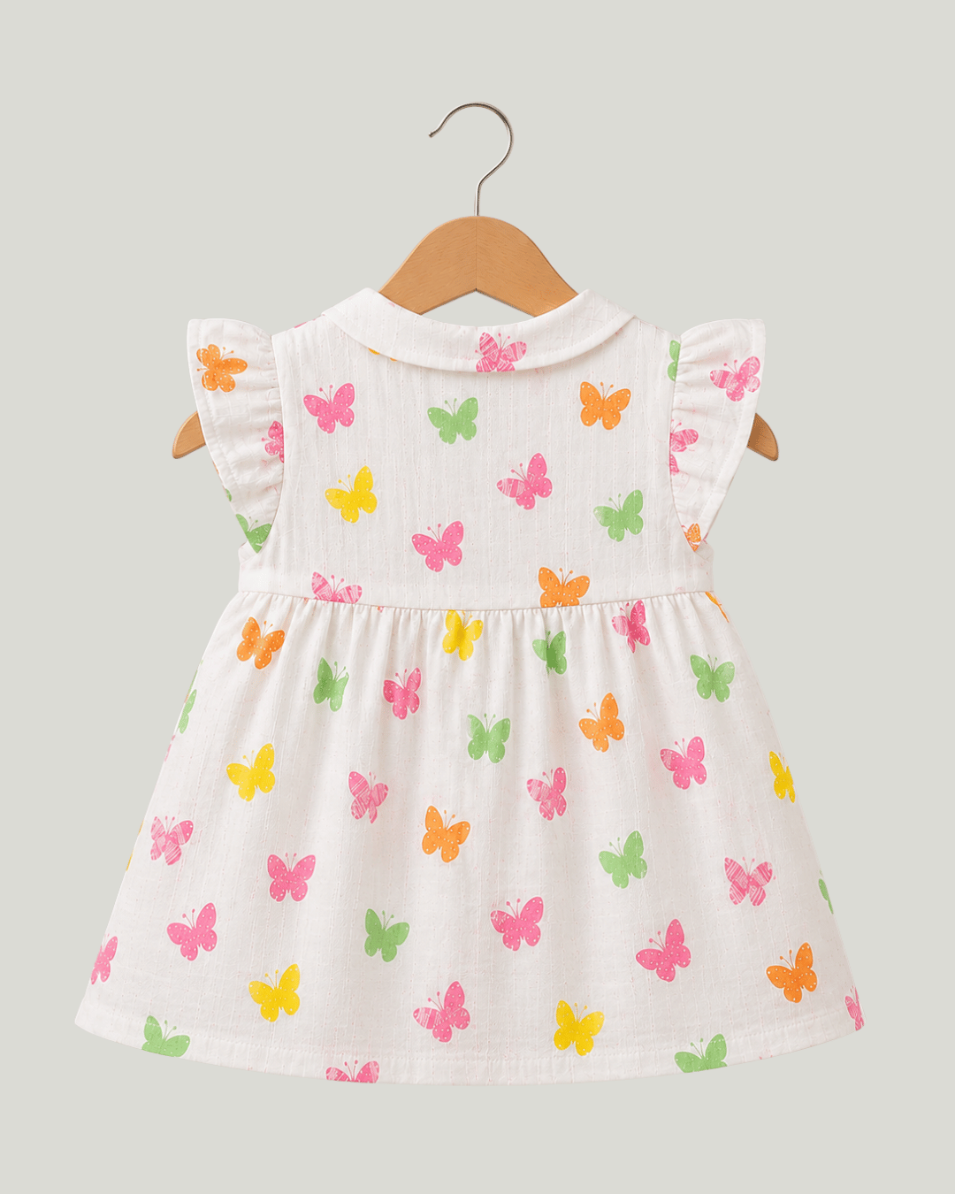 Todlerry Baby Girl White Butterfly Print Cotton Collar Frock with Flutter Sleeves