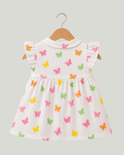 Todlerry Baby Girl White Butterfly Print Cotton Collar Frock with Flutter Sleeves