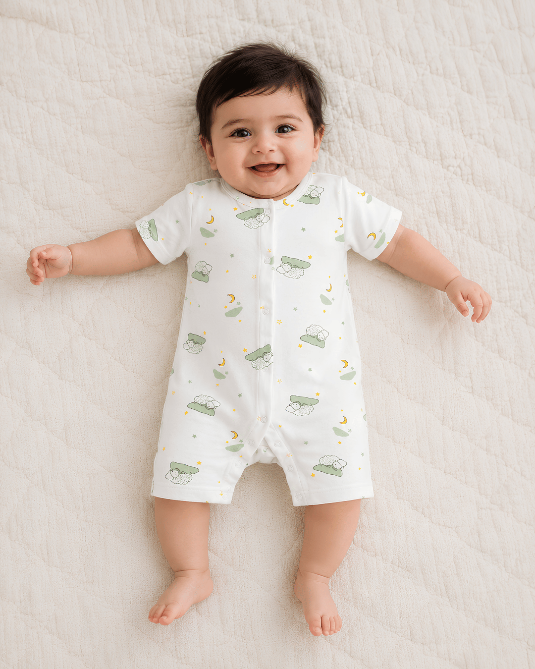 Dreamy Sheep All-Over Print White Half Romper