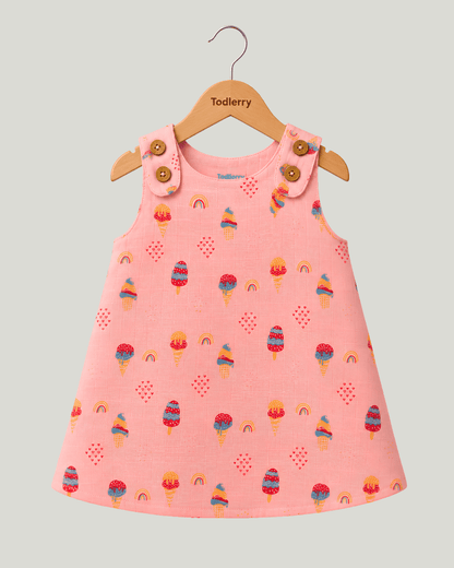 Todlerry Baby Girl Pink Ice Cream Print Cotton A-Line Dress with Shoulder Buttons