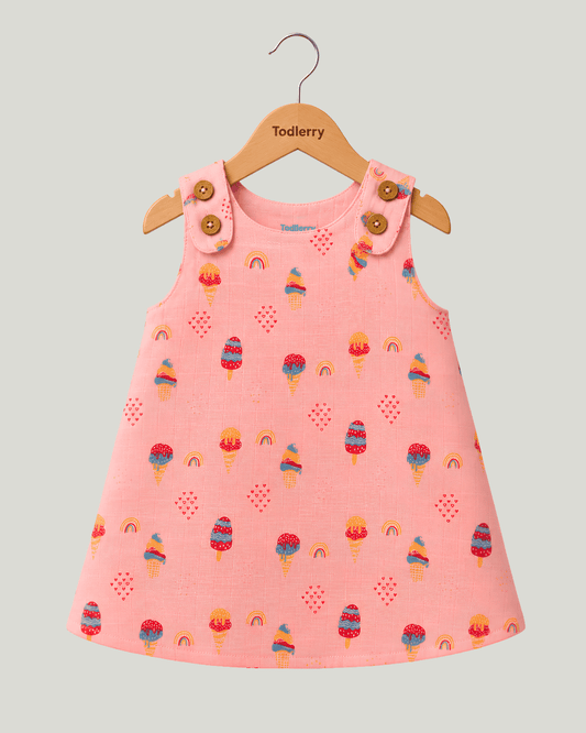 Todlerry Baby Girl Pink Ice Cream Print Cotton A-Line Dress with Shoulder Buttons