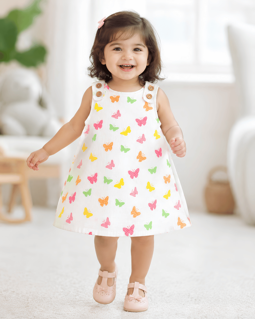 Todlerry Baby Girl White Butterfly Print Cotton A-Line Dress with Shoulder Buttons