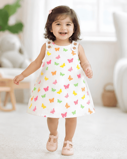 Todlerry Baby Girl White Butterfly Print Cotton A-Line Dress with Shoulder Buttons