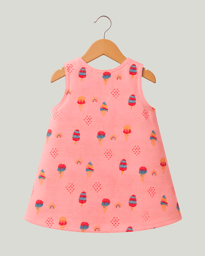 Todlerry Baby Girl Pink Ice Cream Print Cotton A-Line Dress with Shoulder Buttons