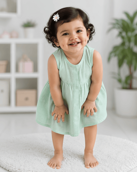 Premium Mint Muslin Sleeveless Frock – 100% Organic Cotton Baby Dress