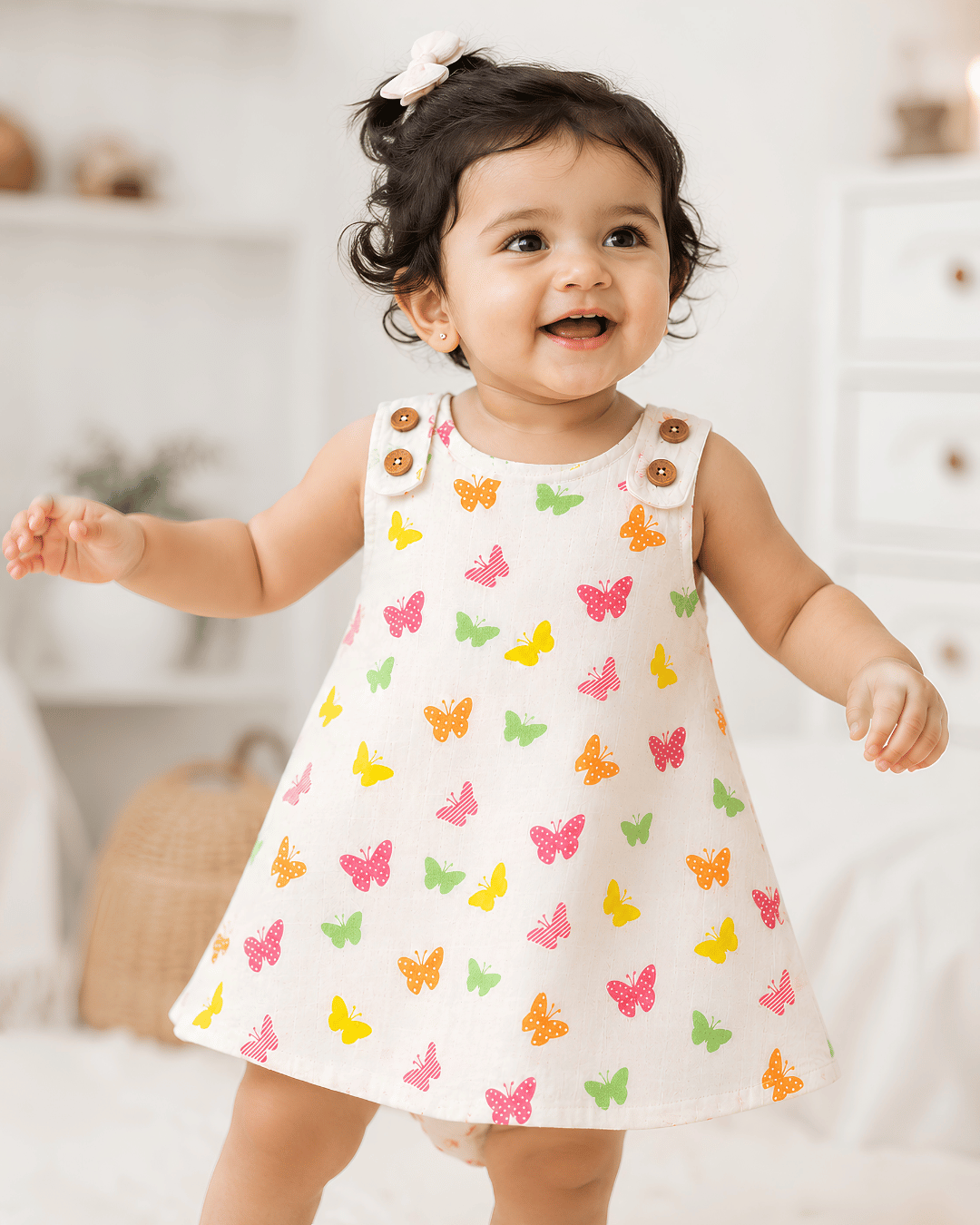 Todlerry Baby Girl White Butterfly Print Cotton A-Line Dress with Shoulder Buttons