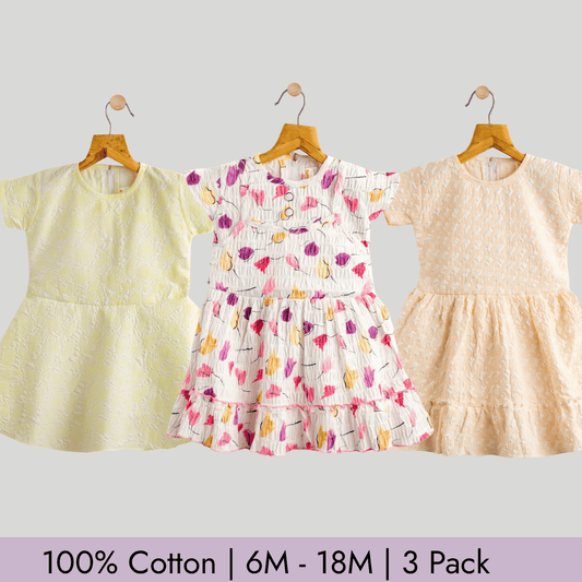 Todlerry Girls Frock | Pack of 3 |Soft & Breathable | 100% Cotton