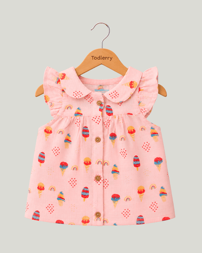 Todlerry Baby Girl Pink Ice Cream Print Cotton Collar Frock with Flutter Sleeves