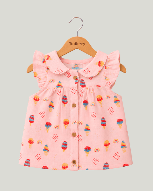 Todlerry Baby Girl Pink Ice Cream Print Cotton Collar Frock with Flutter Sleeves