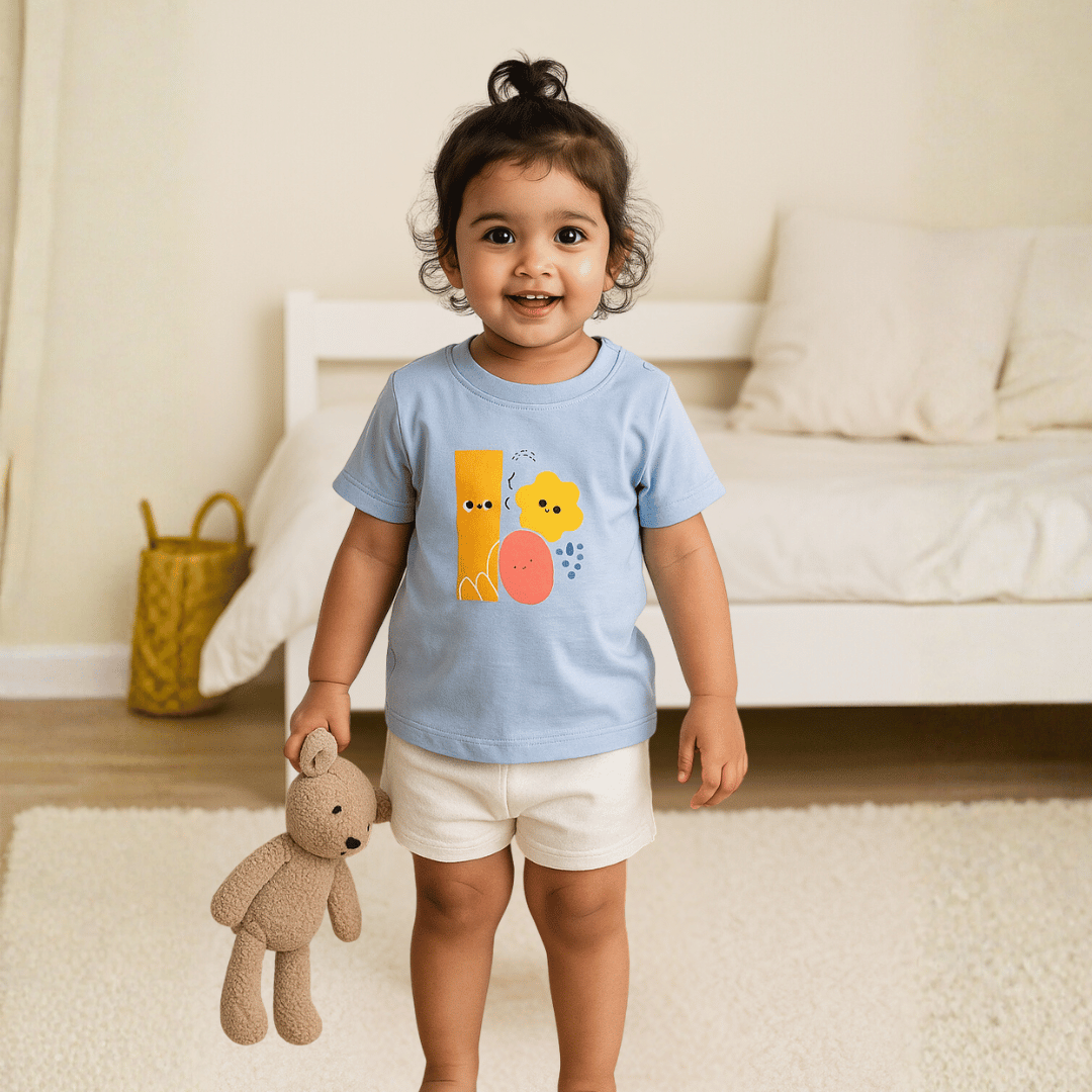 Boys Cotton T-Shirt Light Blue Geometric Print Soft & Breathable 100% Cotton