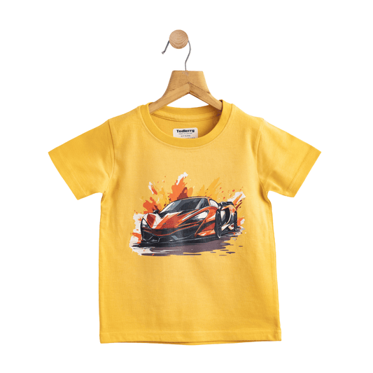 Todlerry Boys Cotton T-Shirt | Mustard Car Print | Soft & Breathable | 100% Cotton