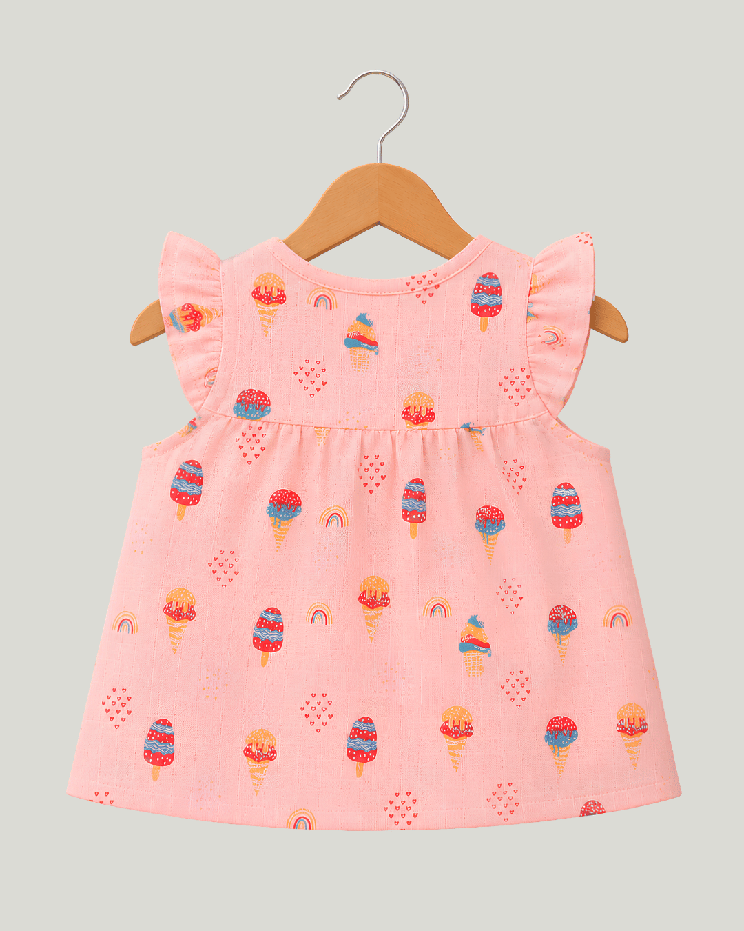 Todlerry Baby Girl Pink Ice Cream Print Cotton Collar Frock with Flutter Sleeves