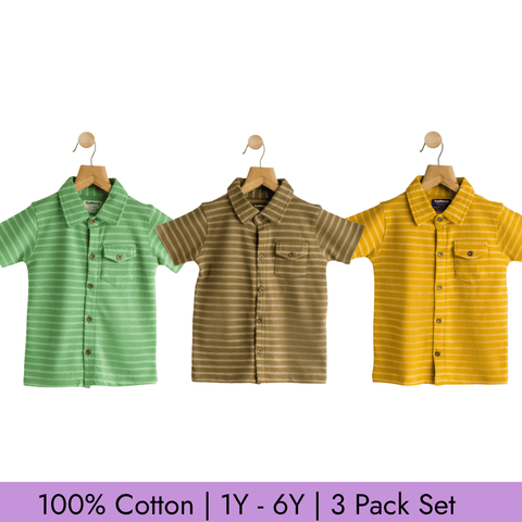 Boys Cotton Strips Shirt Pack of 3 Soft & Breathable 100% Cotton