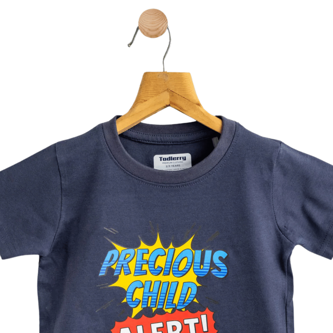 Boys Cotton T-Shirt Dark Blue Precious Alert Print Soft & Breathable 100% Cotton