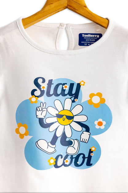 Todlerry Girls Cotton T-Shirt | White Stay Cool Print | Soft & Breathable | 100% Cotton