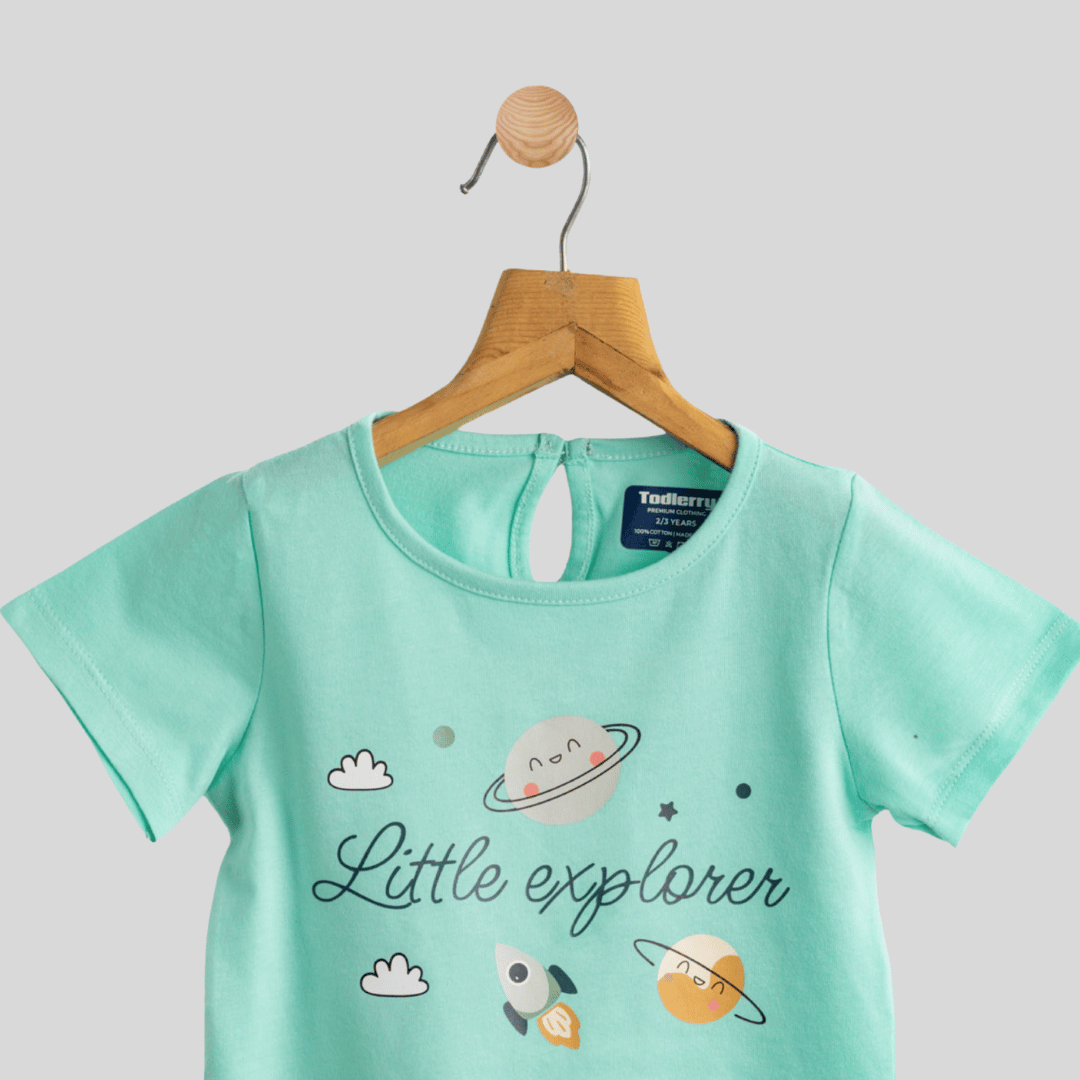 Girls Cotton T-Shirt Green Explore Print Soft & Breathable 100% Cotton