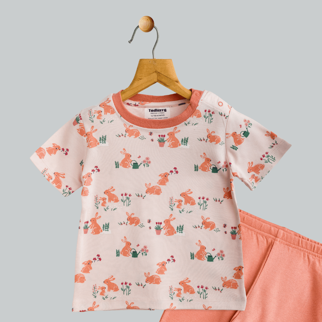 Unisex Pajama set Peach Bunny Print Soft & Breathable 100% Cotton