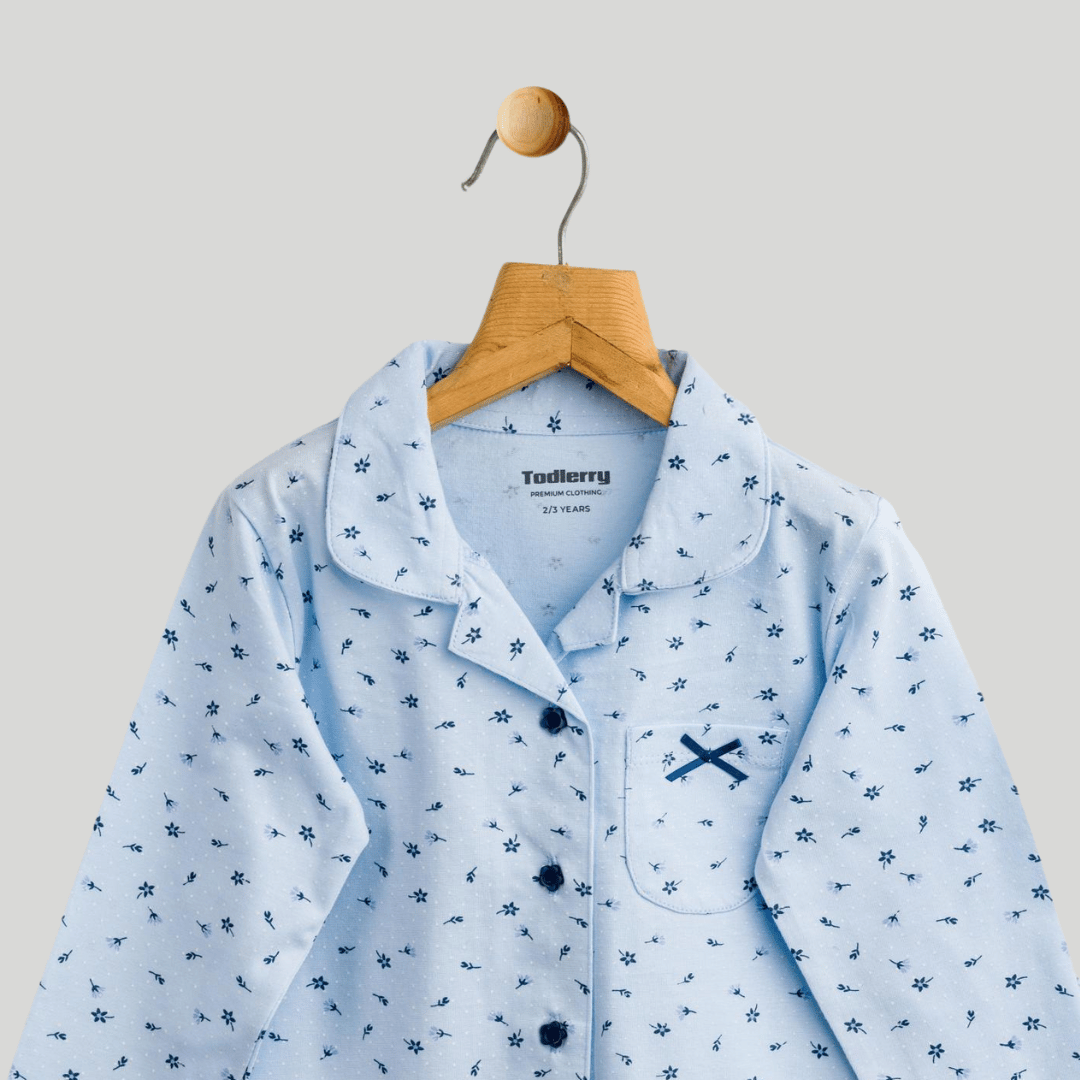 Todlerry Girls Night Suit | Blue Bow print | Soft & Breathable | 100% Cotton
