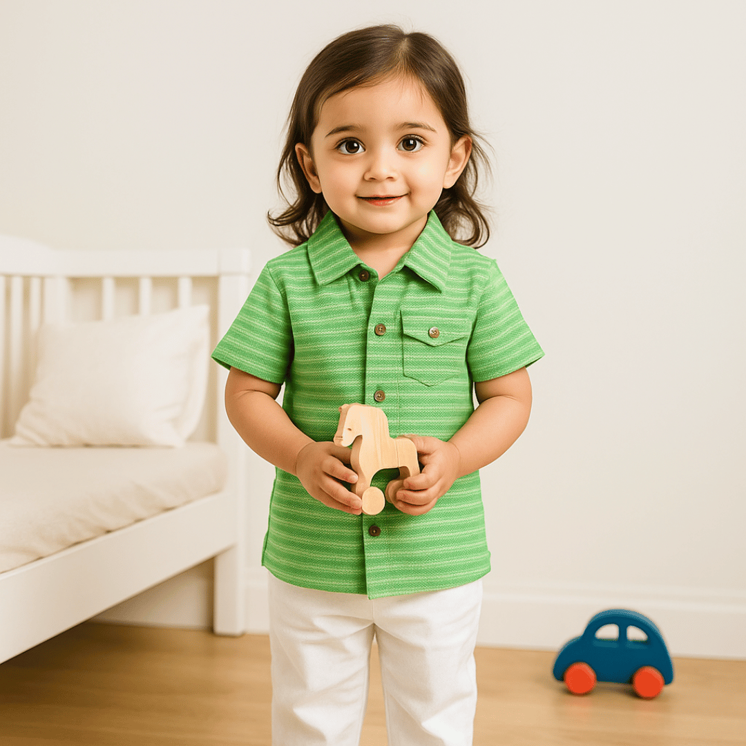 Boys Shirt Green Strips Soft & Breathable 100% Cotton