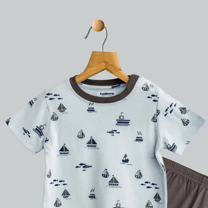 Unisex Pajama set Light blue Ship Print Soft & Breathable 100% Cotton