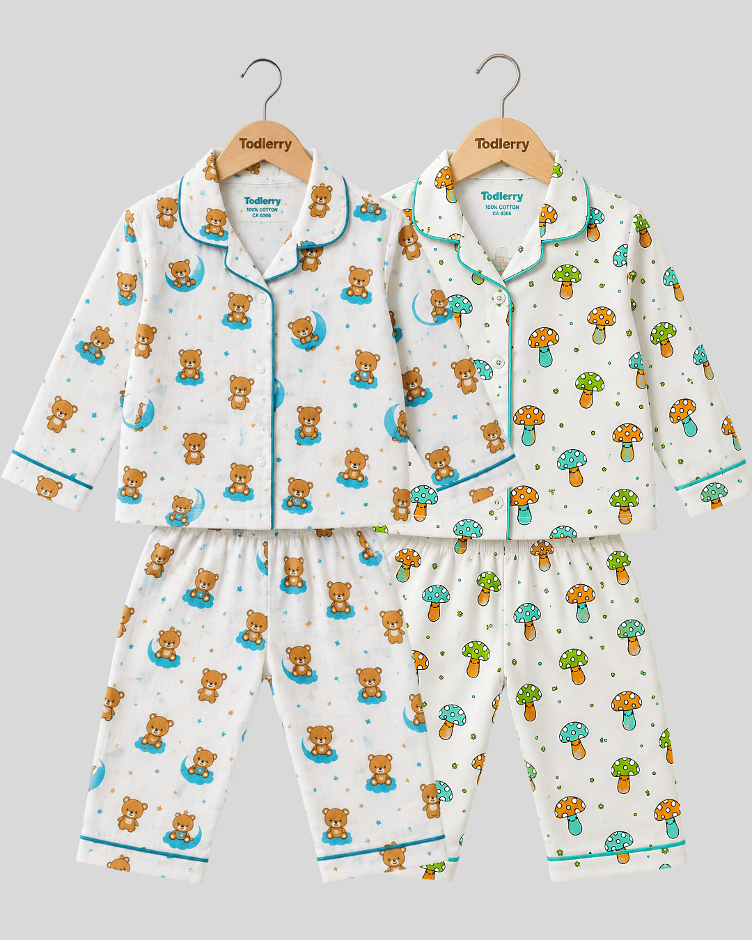 Todlerry Pure Cotton Kids Nightsuits - Pack of 2 Full Sleeve Sets for Boys & Girls