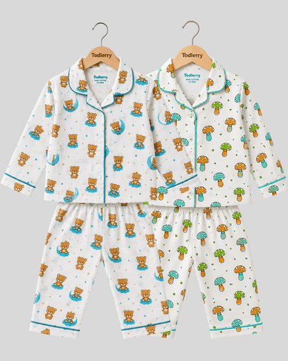 Todlerry Pure Cotton Kids Nightsuits - Pack of 2 Full Sleeve Sets for Boys & Girls