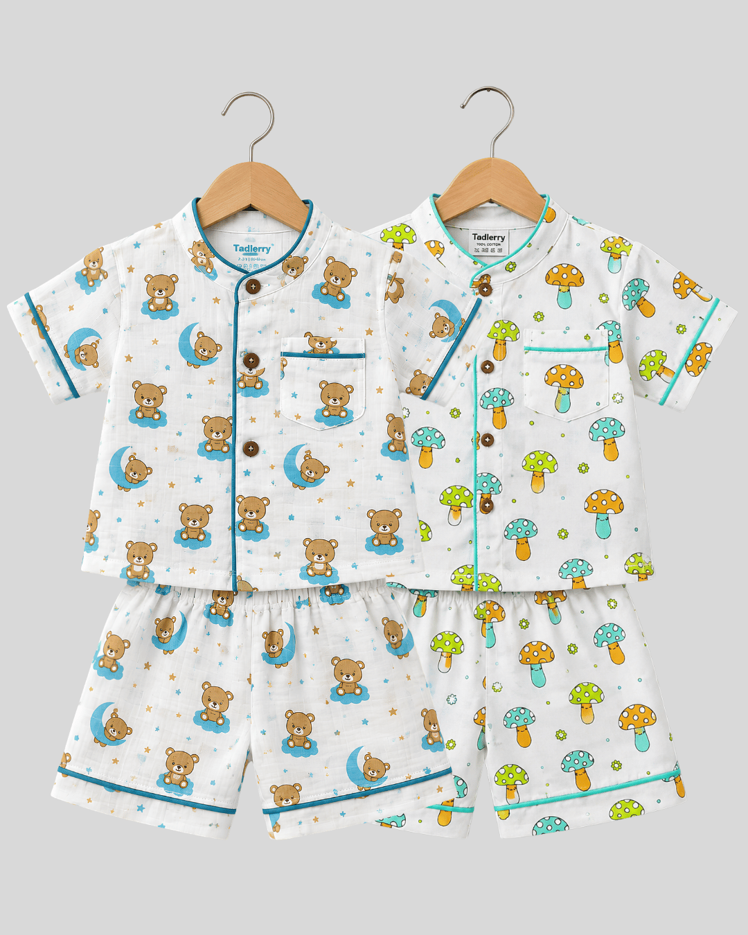 Todlerry Pure Cotton Kids Nightsuits - Pack of 2 Short Sleeve Sets for Boys & Girls