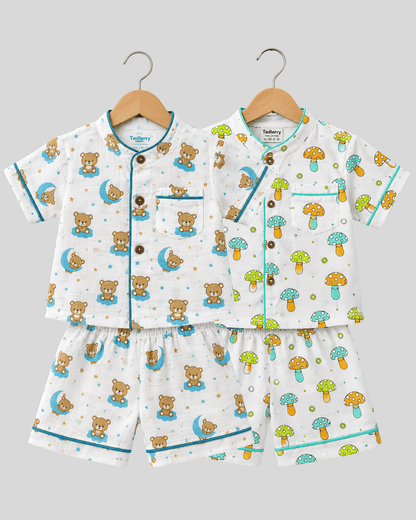 Todlerry Pure Cotton Kids Nightsuits - Pack of 2 Short Sleeve Sets for Boys & Girls
