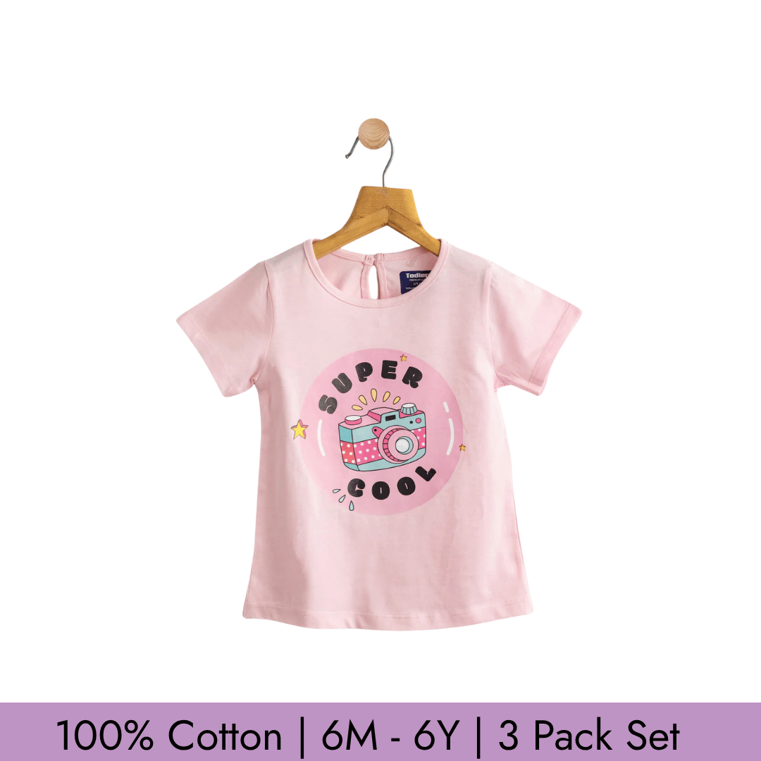 Todlerry Girls T-shirts | Pack of 3 |Soft & Breathable | 100% Cotton