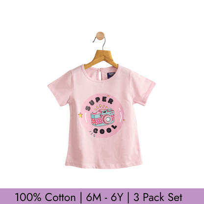 Todlerry Girls T-shirts | Pack of 3 |Soft & Breathable | 100% Cotton