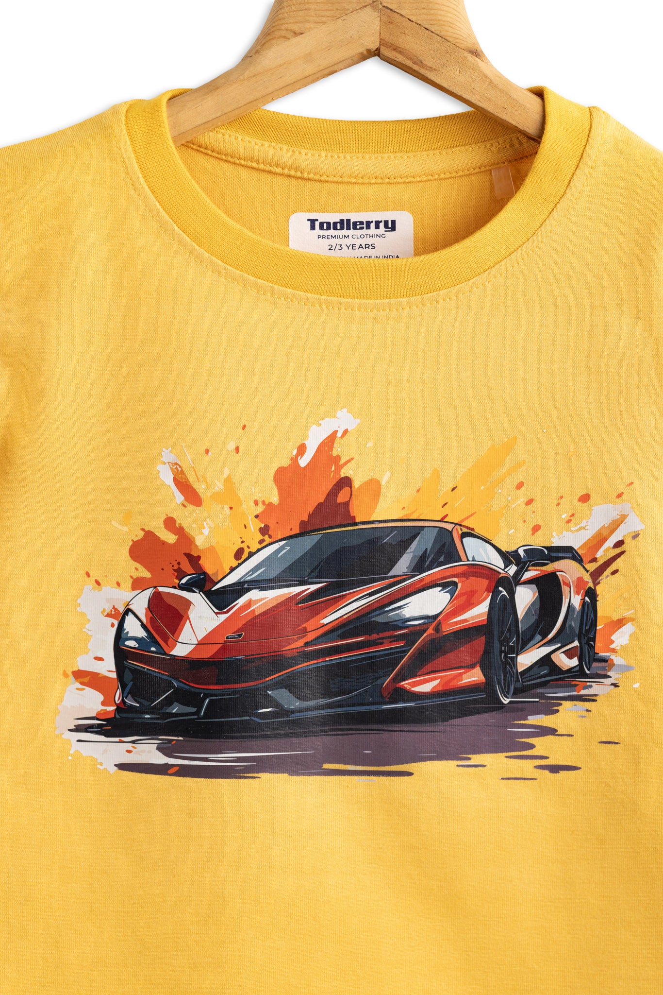 Boys Cotton T-Shirt Mustard Car Print Soft & Breathable 100% Cotton