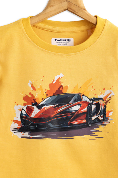 Boys Cotton T-Shirt Mustard Car Print Soft & Breathable 100% Cotton
