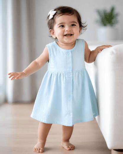 Premium Blue Muslin Sleeveless Frock – 100% Organic Cotton Baby Dress