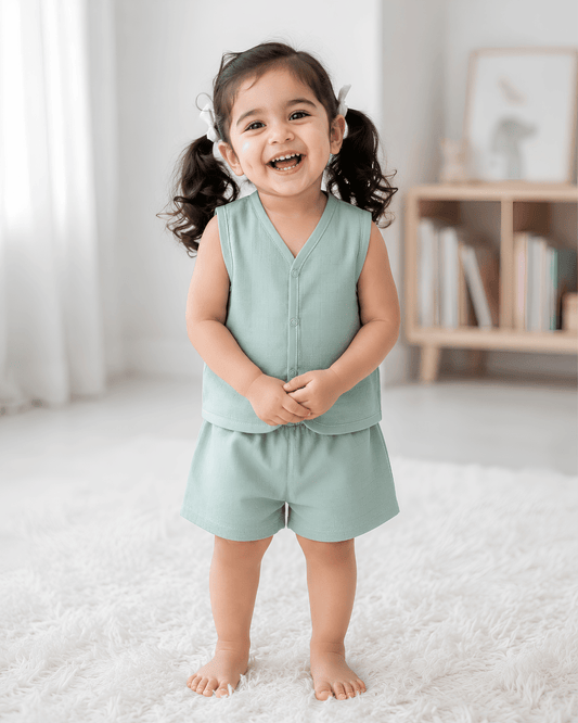 Soft Cotton Baby Mint Colour Jhabla & Shorts Set