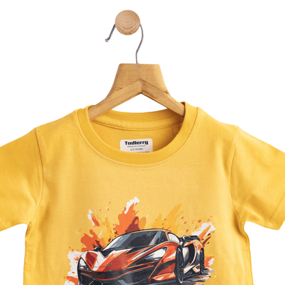 Boys Cotton T-Shirt Mustard Car Print Soft & Breathable 100% Cotton