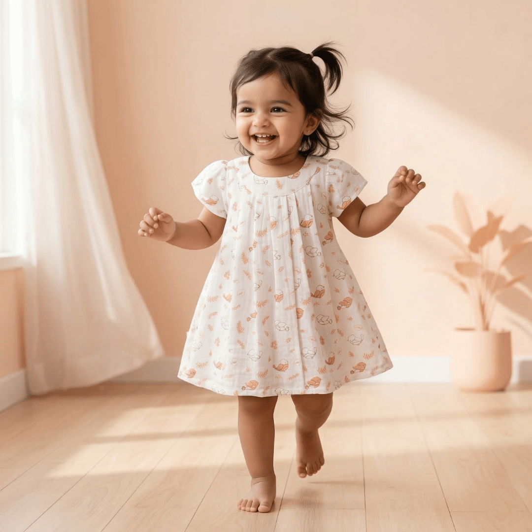 Soft Cotton Peach Bird Printed Frock for Baby Girls - Comfortable Summer Dress
