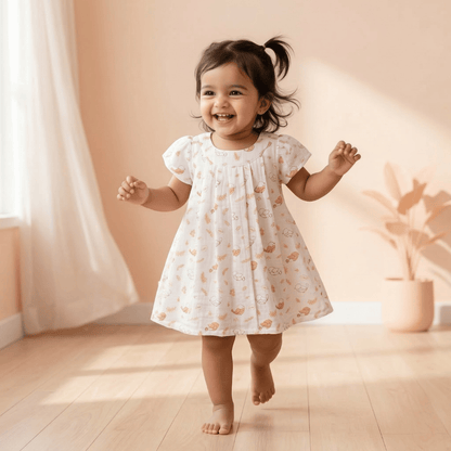 Soft Cotton Peach Bird Printed Frock for Baby Girls - Comfortable Summer Dress