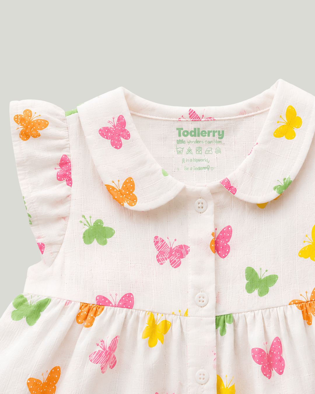 Todlerry Baby Girl White Butterfly Print Cotton Collar Frock with Flutter Sleeves