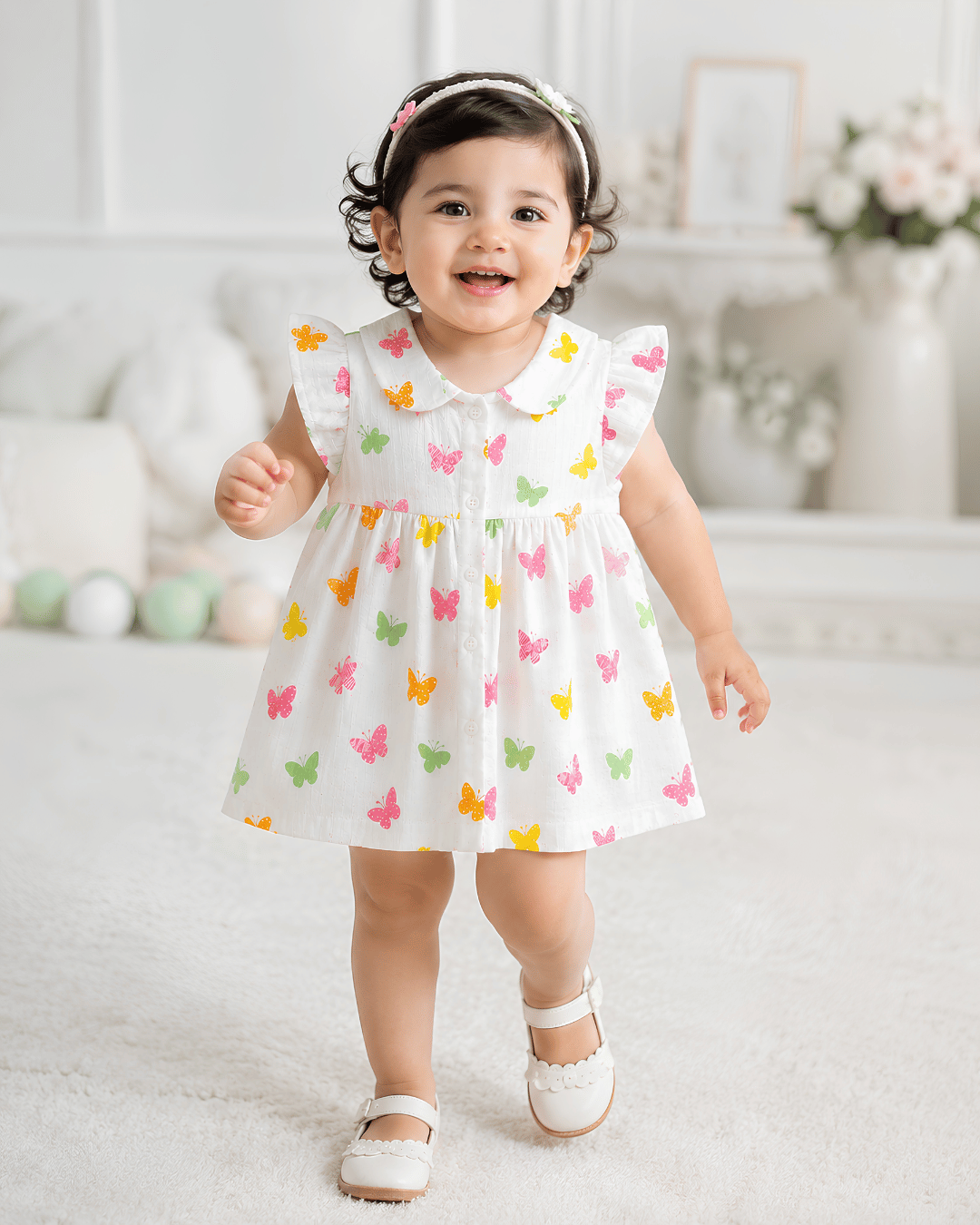 Todlerry Baby Girl White Butterfly Print Cotton Collar Frock with Flutter Sleeves