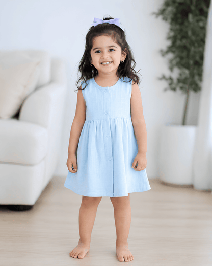 Premium Blue Muslin Sleeveless Frock – 100% Organic Cotton Baby Dress