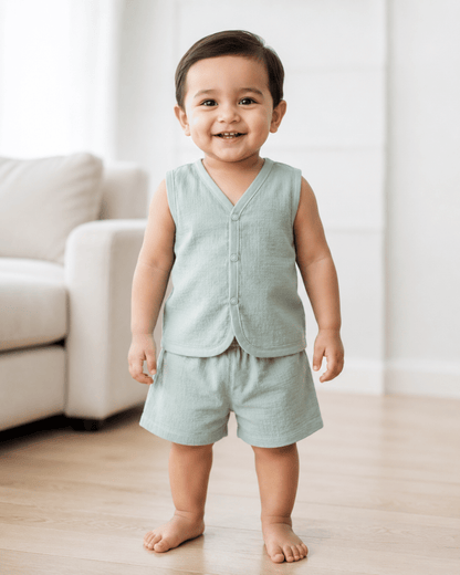 Soft Cotton Baby Mint Colour Jhabla & Shorts Set
