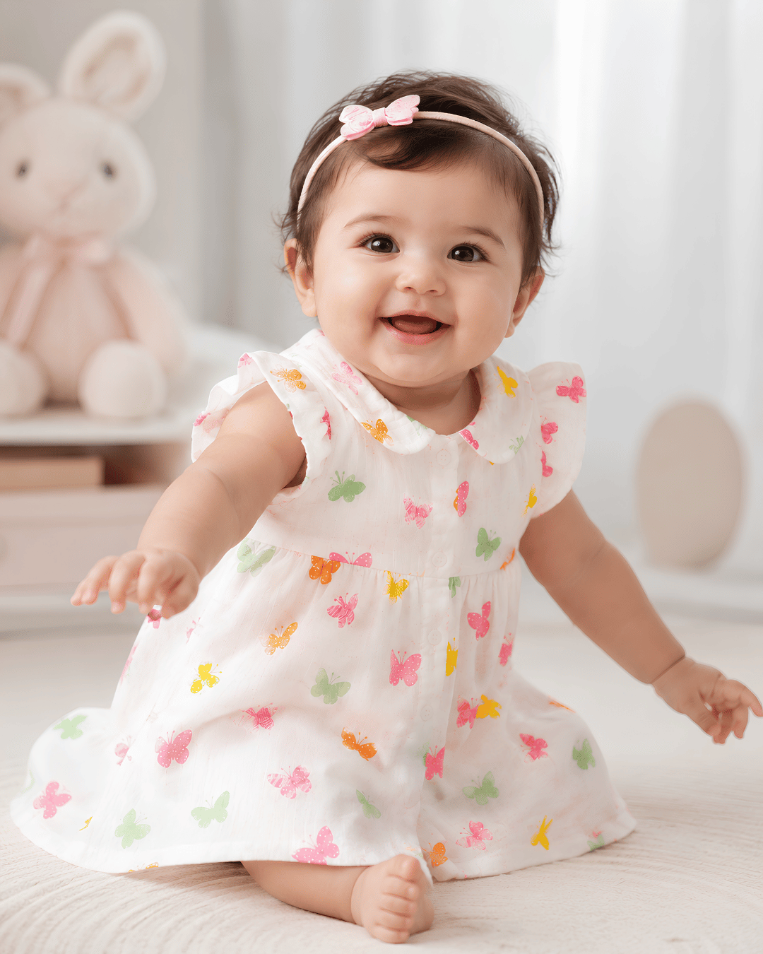 Todlerry Baby Girl White Butterfly Print Cotton Collar Frock with Flutter Sleeves